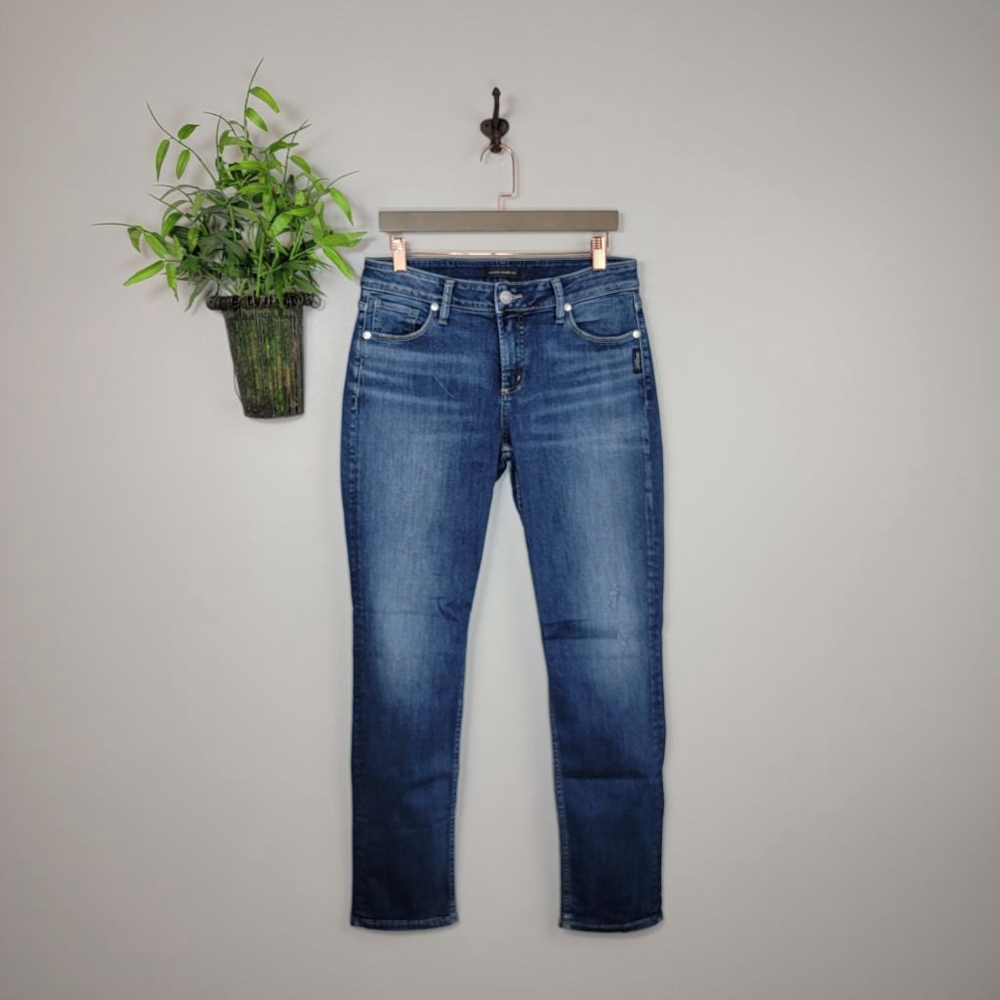 Silver Avery Slim Skinny Leg Jeans Dark Blue Mid Rise Distressed Stretch 31 12